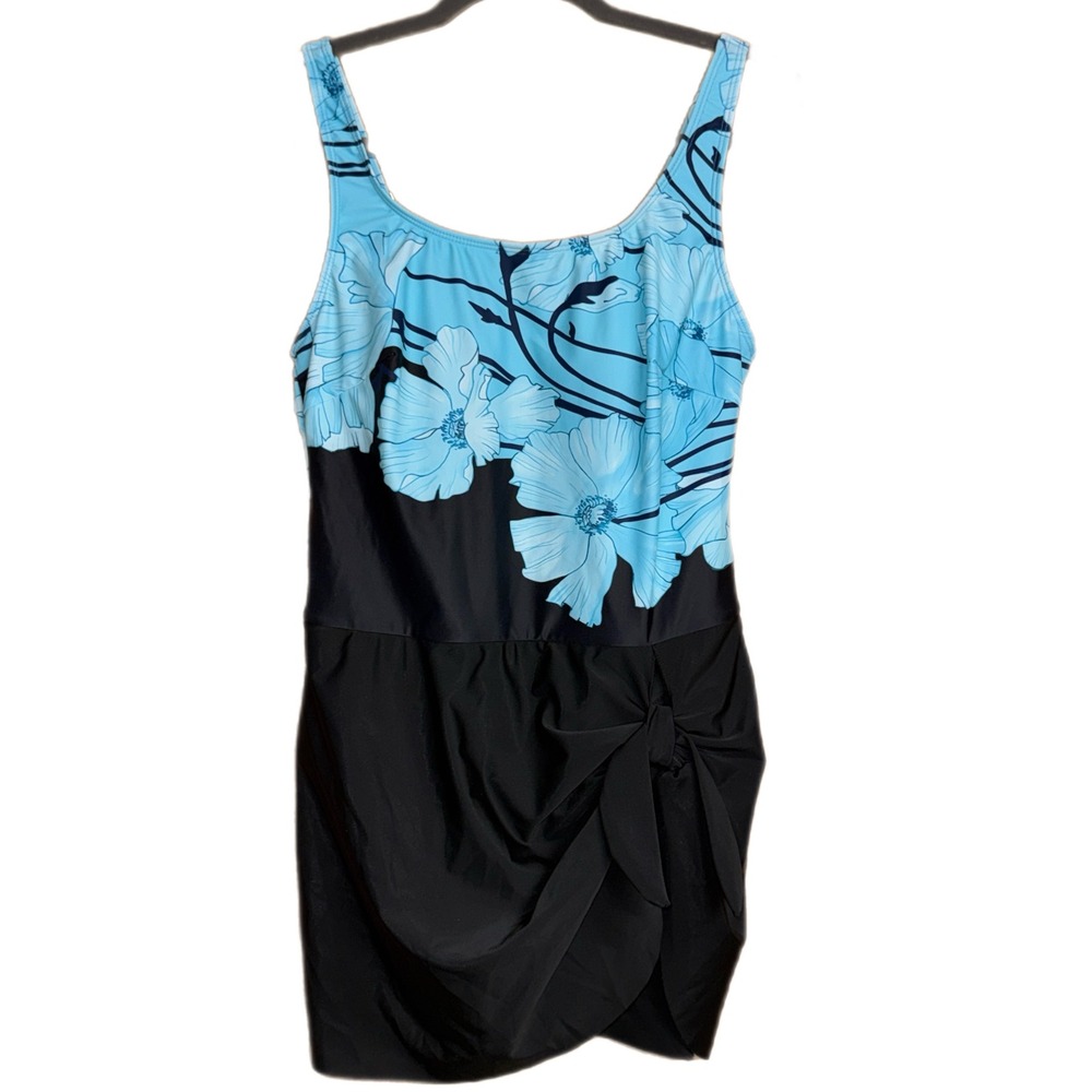 Floral Swim Dress One Piece Swimsuit Blue Black Sarong Wrap Front Size Large